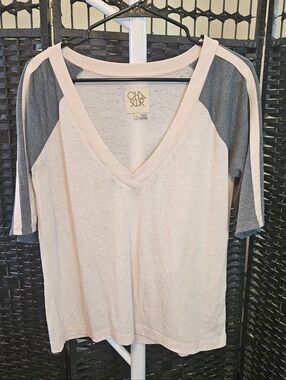 Chaser Short Sleeve V-Neck Raglan Tee in Blush and Charcoal